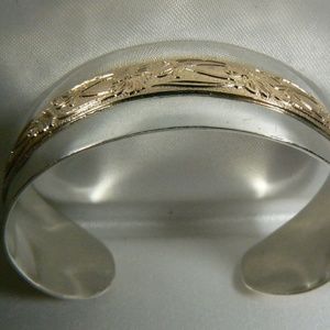 Gorgeous Sterling Silver 925 12k G.F. Floral design Cuff Bracelet Signed 6.25"